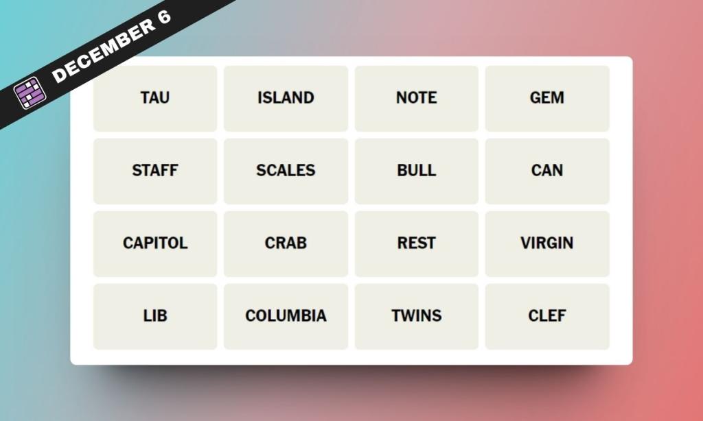 NYT Connections Hints and Answers for December 6, 2023