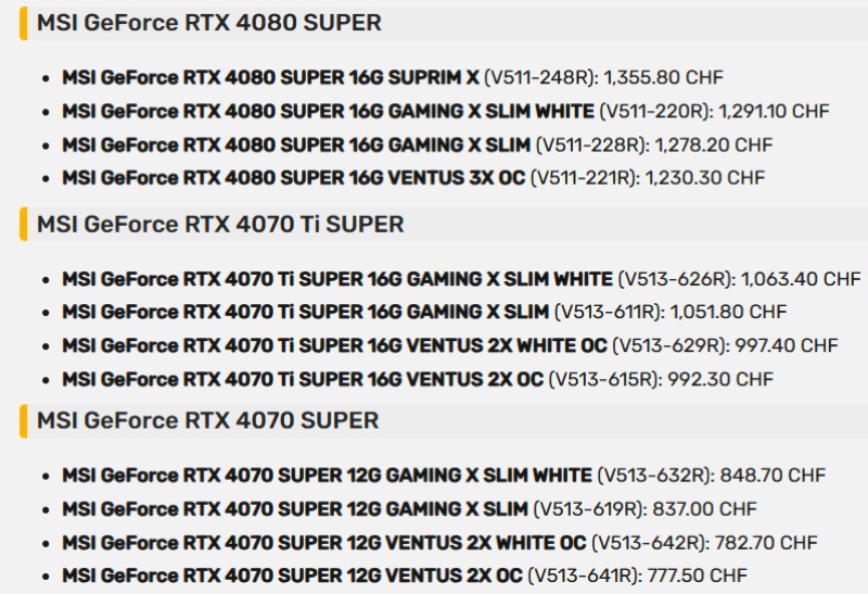 Nvidia RTX 40 Super leak shows 12 upcoming MSI graphics cards and initial pricing of RTX 4070 Ti Super, RTX 4080 Super, RTX 4070 Super GPUs