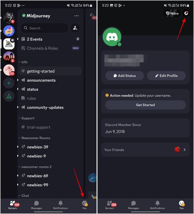 Go to Profile Page on Discord then tap on the Settings icon at the top right.