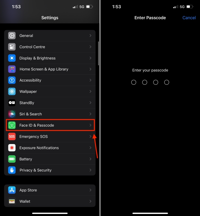 Open Face ID and Passcode option in iPhone Settings