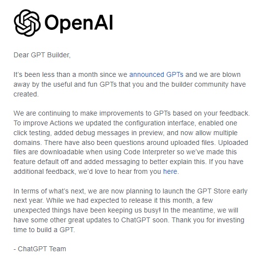 Une capture d'écran d'un mail envoyé par OpenAI 