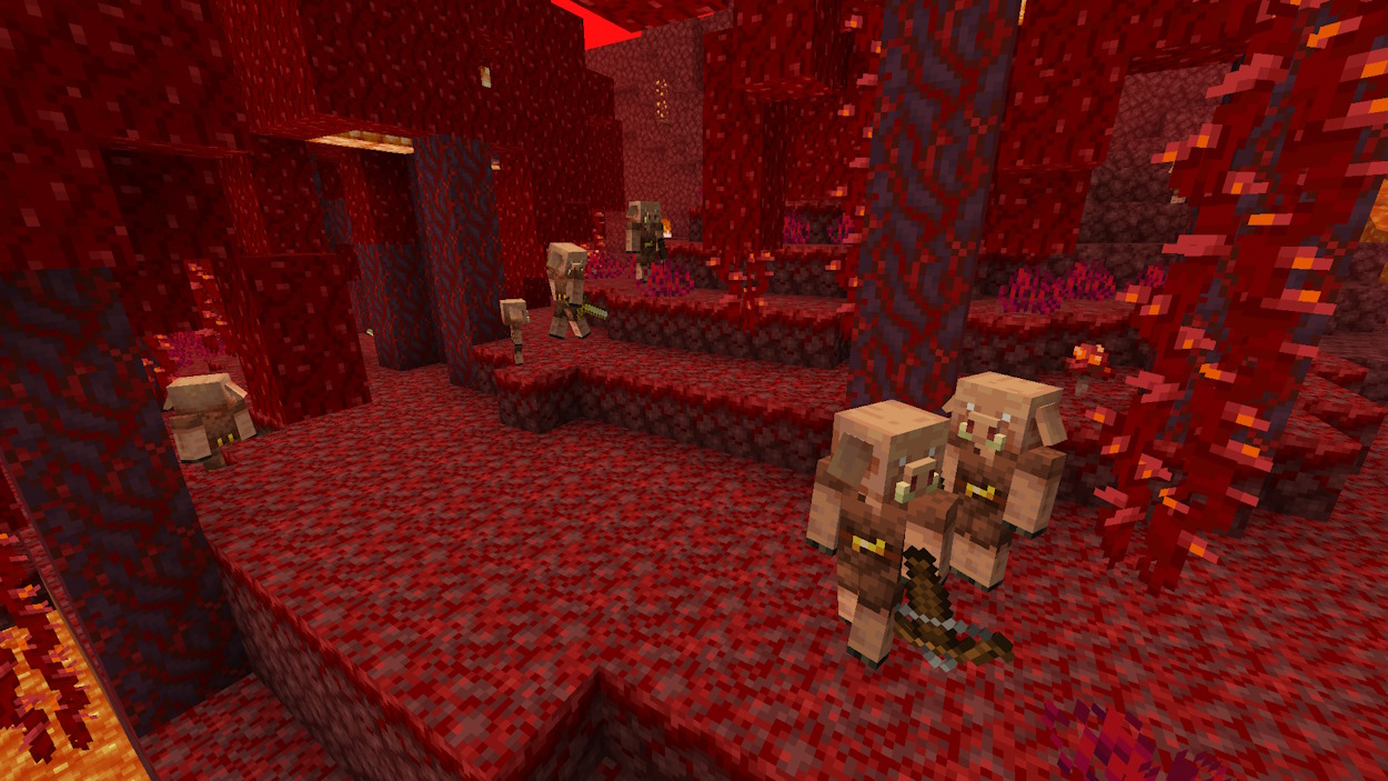 Naturally spawned piglins in a crimson forest biome in Minecraft