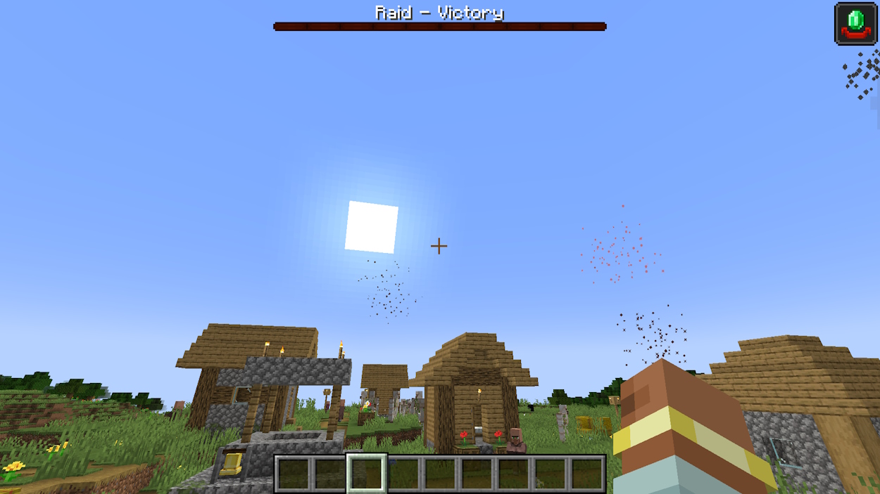 Raid ended in victory and villagers are setting off fireworks and player got the hero of the village effect