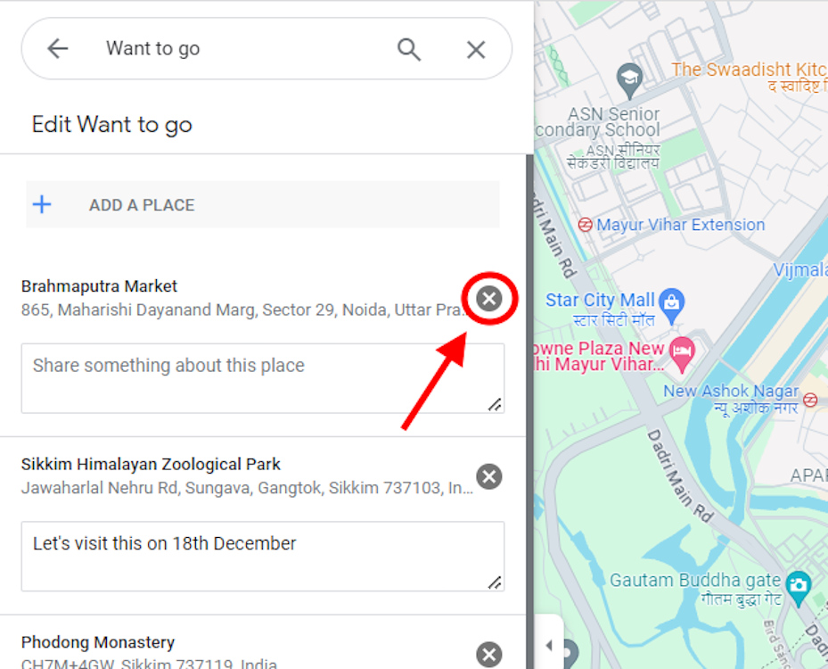 Removing a pinned location from a saved list in Google Maps on PC