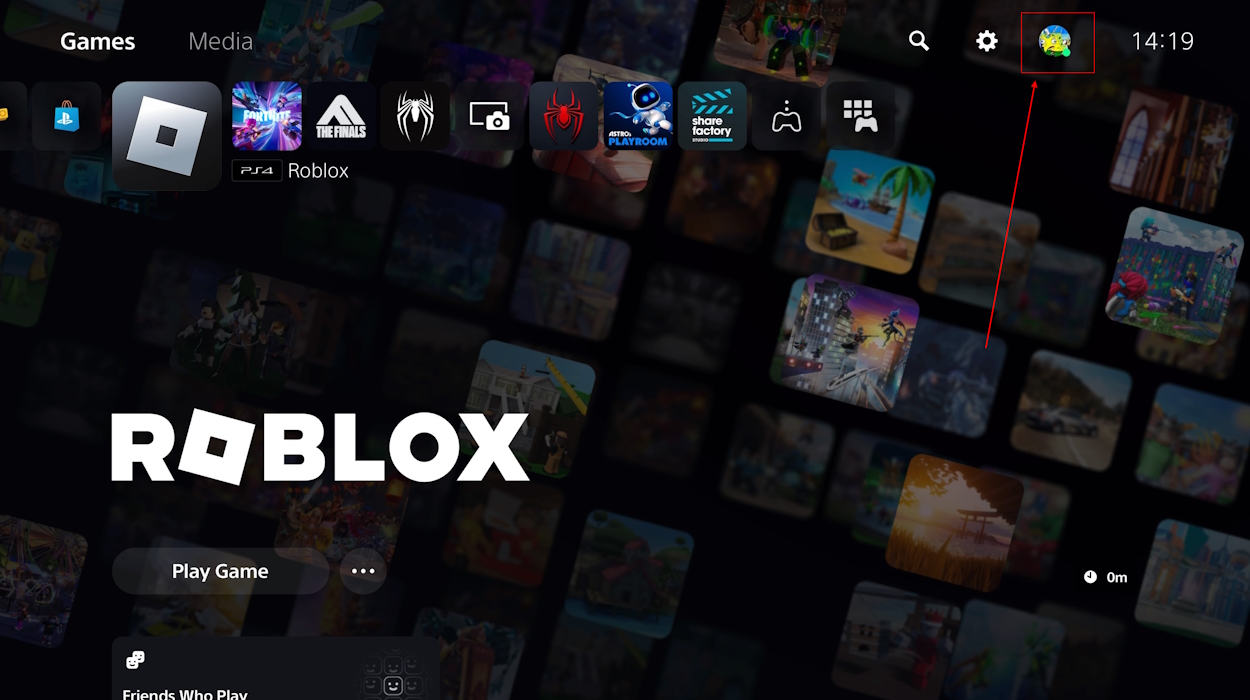 Roblox menu in PS5 with Profile avatar