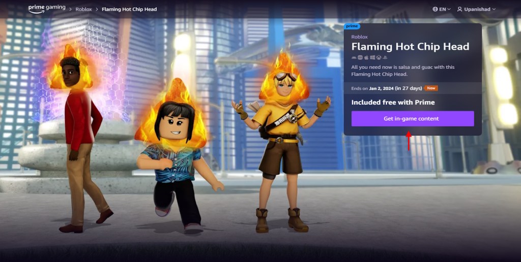 Roblox page in Prime Gaming December