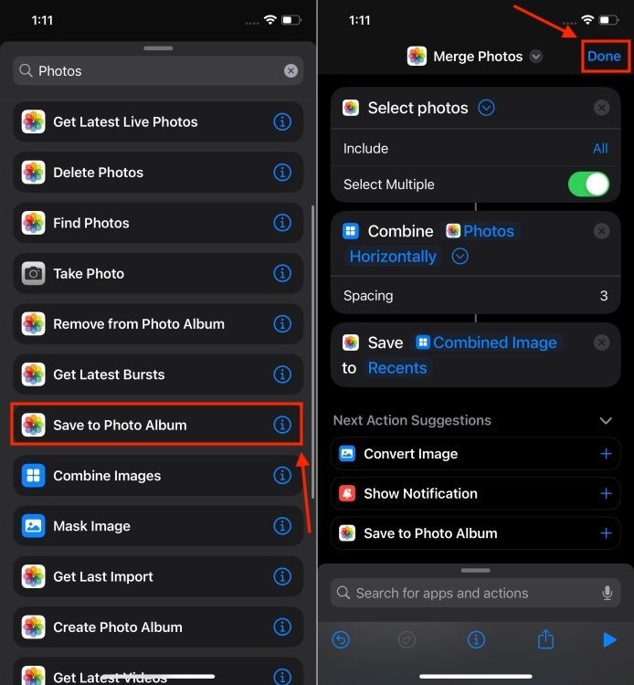 Save the combined photo action in the Shortcuts app