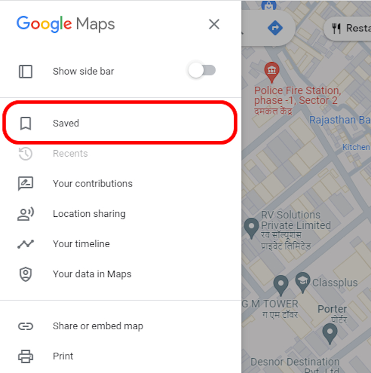 Saved section in Google Maps on PC