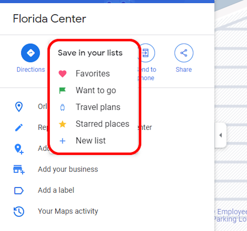 Saving a pinned location to a list in Google Maps on PC