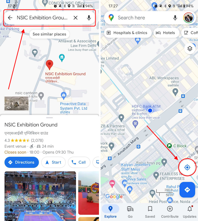 Searching for a location or hitting the current location icon to drop a pin on Google Maps