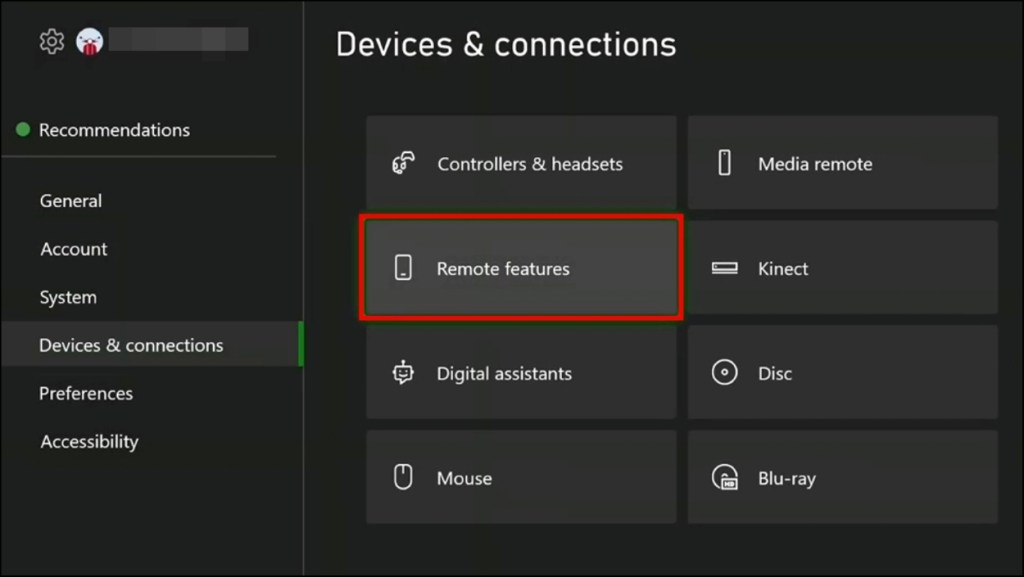 Select Remote Features from Devices and Connections menu in Xbox Settings