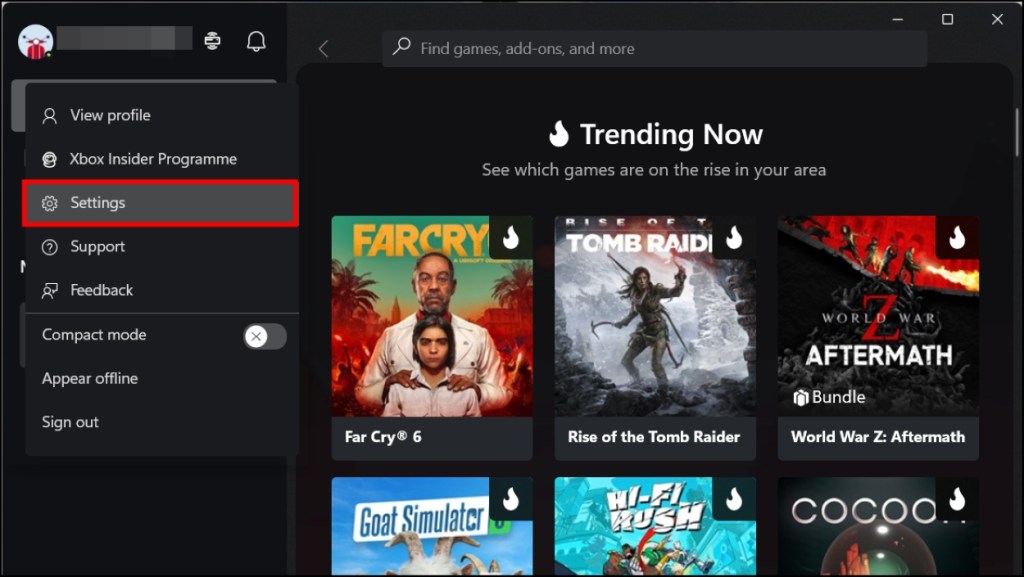 Select settings option in Xbox desktop app
