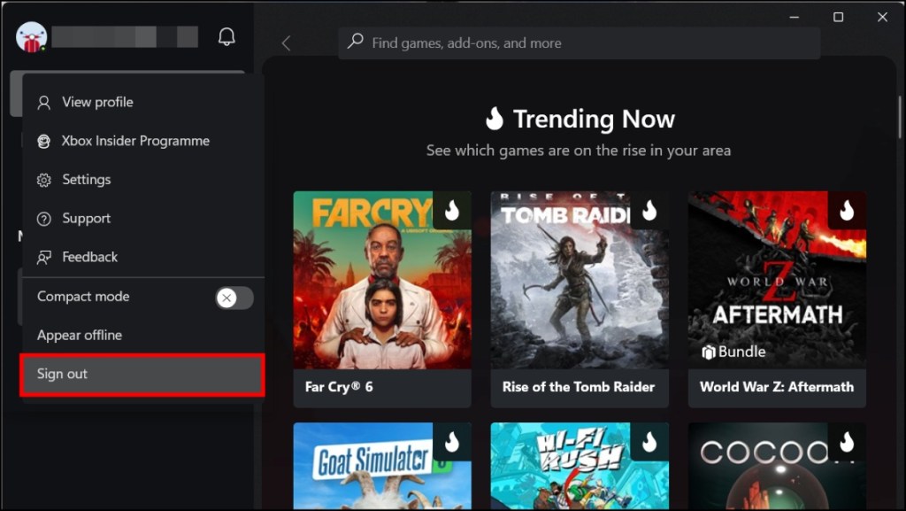 Choose sign out option in Xbox desktop app