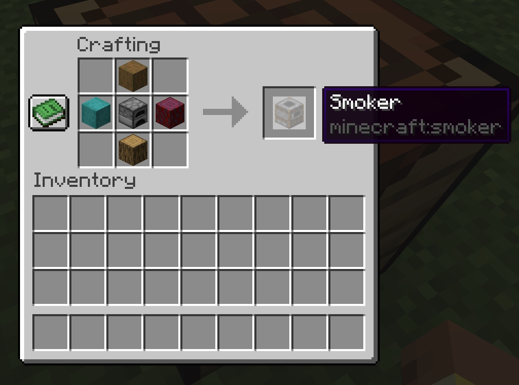 Furnace in the center slot of the crafting grid and it's surrounded by wooden blocks in a diamond shape making the complete smoker recipe in Minecraft