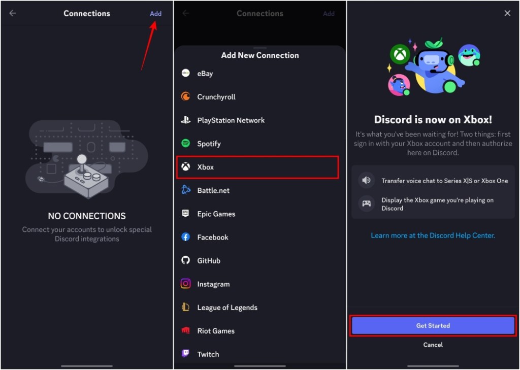 Tap on Add in Connections and select Xbox