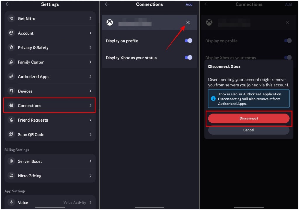 Select Connections and tap on the X icon to disconnect Xbox account.