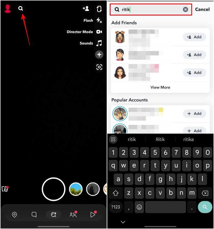 Tap on the search icon and then look up the user using search in Snapchat
