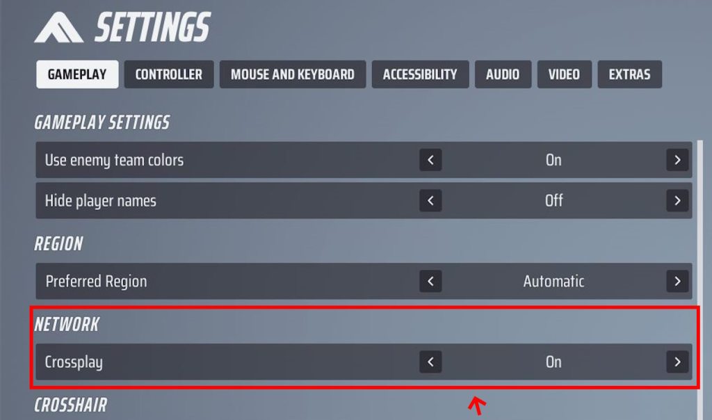 The crossplay option under the settings tab