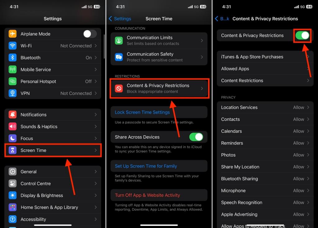 Toggle On Content & Privacy Restrictions on iPhone