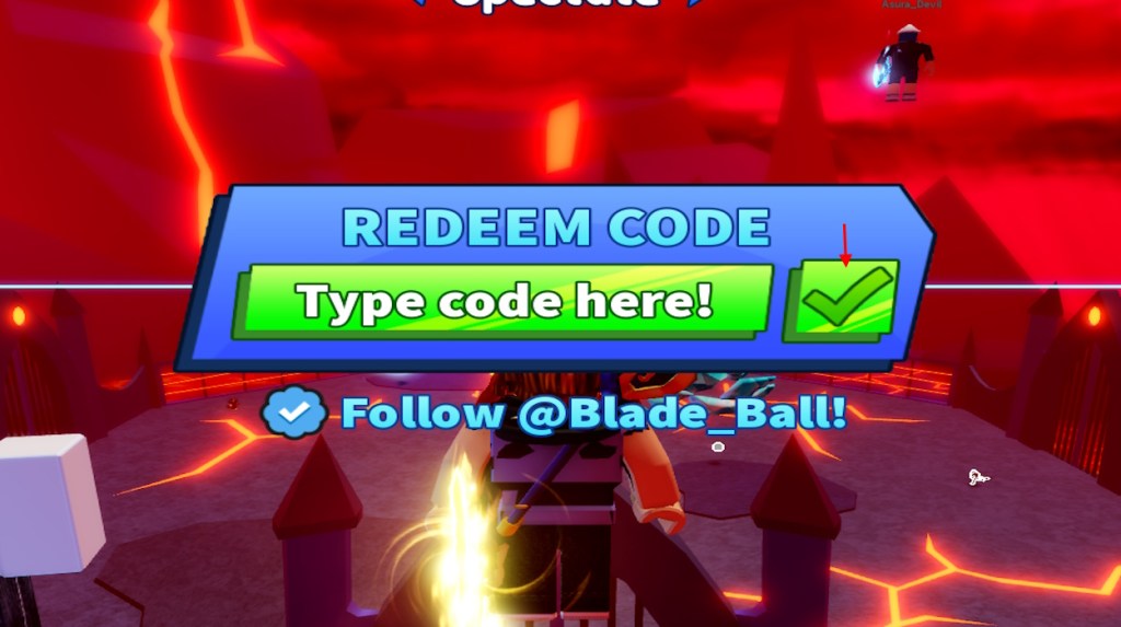 Type code and submit in Blade Ball