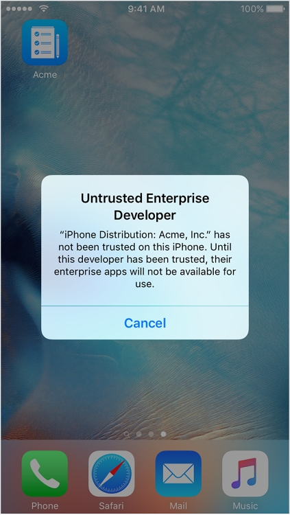 Warning about untrusted enterprise developers on iPhone