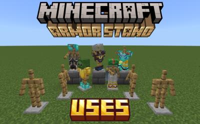 Various armor stands in different poses and wearing different armor pieces and a mob head in Minecraft