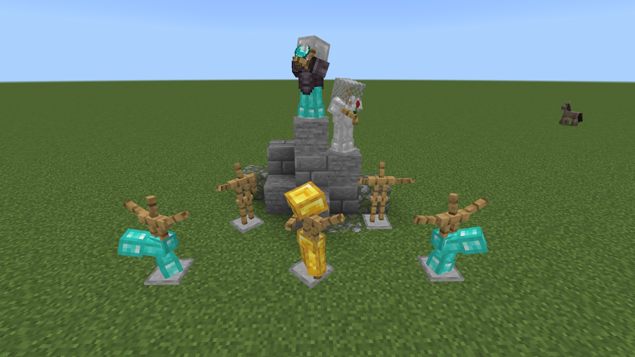 Several armor stands with different equipment and in different poses on the Minecraft Bedrock edition