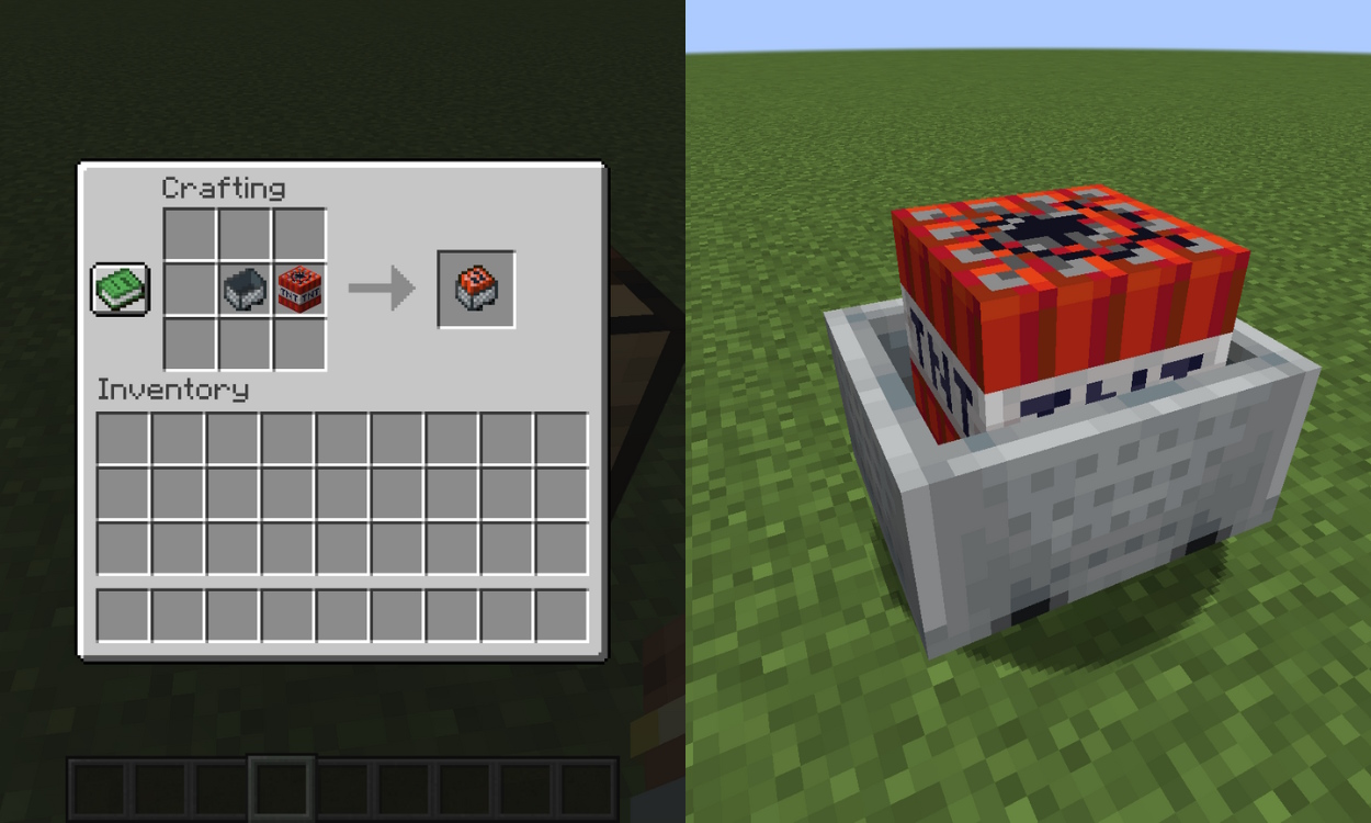 Crafting recipe for a TNT minecart and a TNT minecart in the world side by side