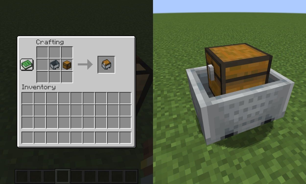 Crafting recipe for a chest minecart and a chest minecart in the world side by side