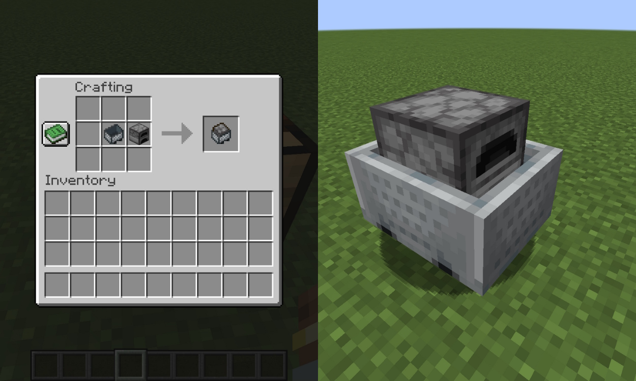 Crafting recipe for a furnace minecart and a furnace minecart in the world side by side