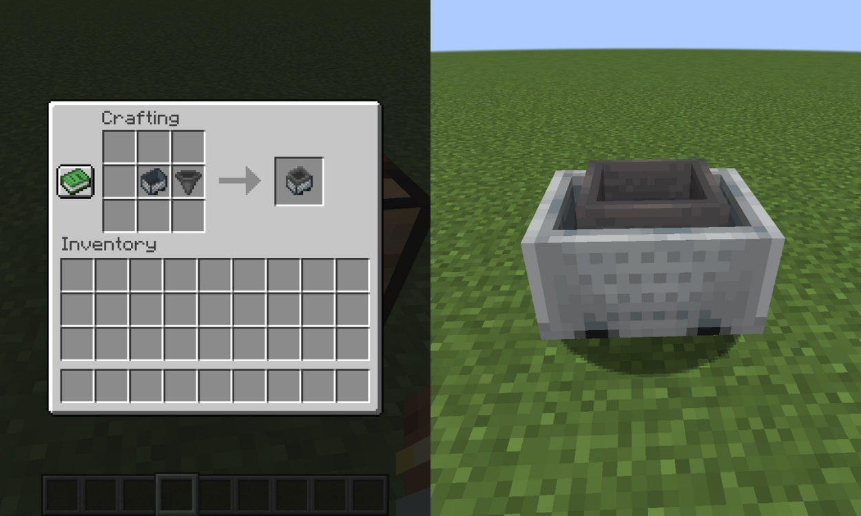 Crafting recipe for a hopper minecart and a hopper minecart in the world side by side