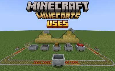 Minecart variants on top of rails and more moving minecarts around them in Minecraft