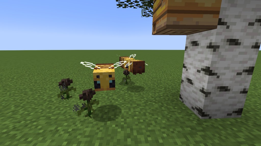 Bees pollinating a wither rose flower in Minecraft