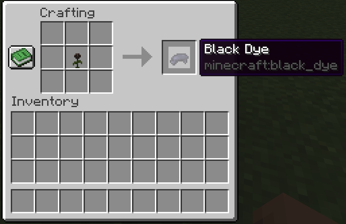 Crafting recipe for black dye using a wither rose