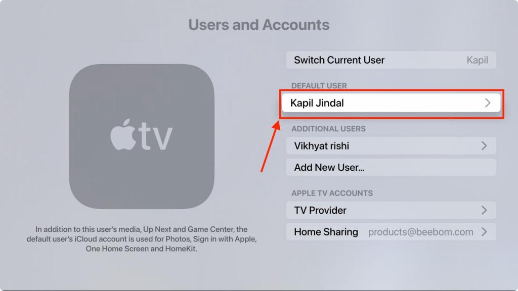 Users and Accounts Settings Apple TV