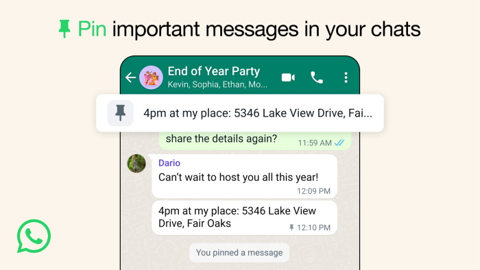 Fonctionnalité de messages épinglés WhatsApp