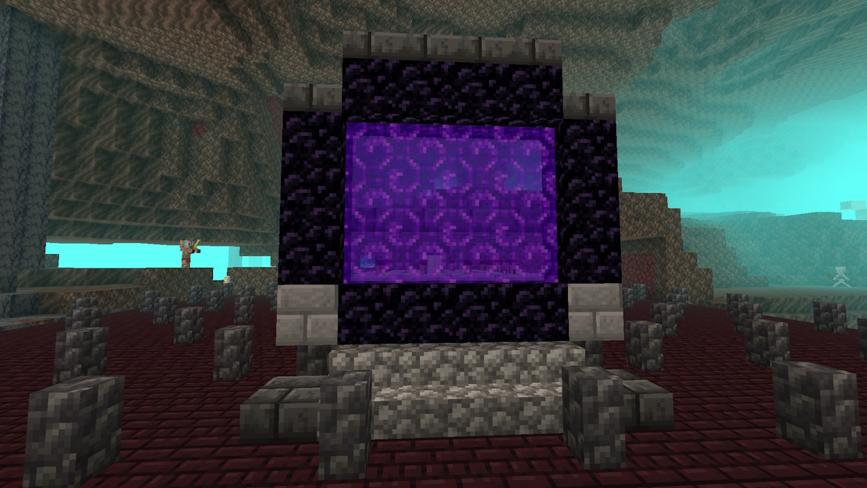 Lit nether portal behind the iron golem on the spawning platform of the Minecraft wither skeleton farm