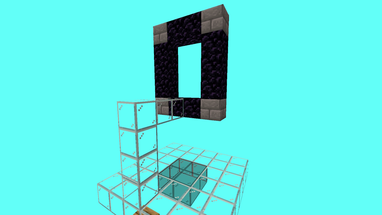 Glass blocks leading above the glass platform to a newly made nether portal frame