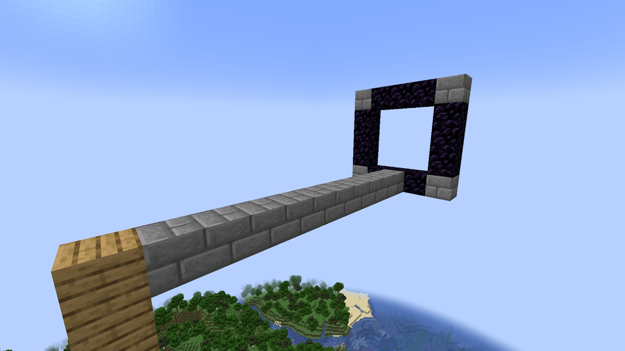 Pillar in the Overworld leading to a tiny bridge and a wide nether portal at the end