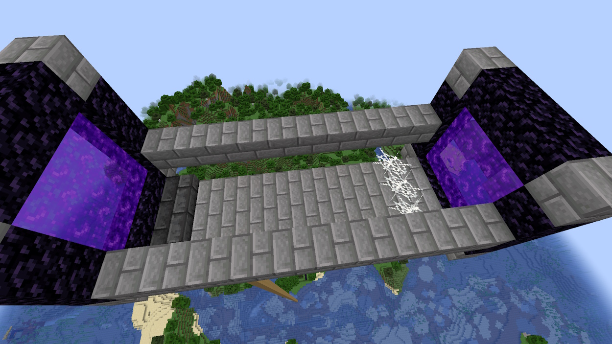 Two nether portals are now lit and there are three cobwebs in front of the lower one