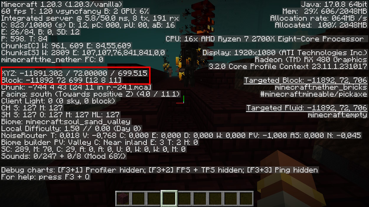 F3 debug screen open so player can take the coordinates to determine the bounding box of the Nether fortress