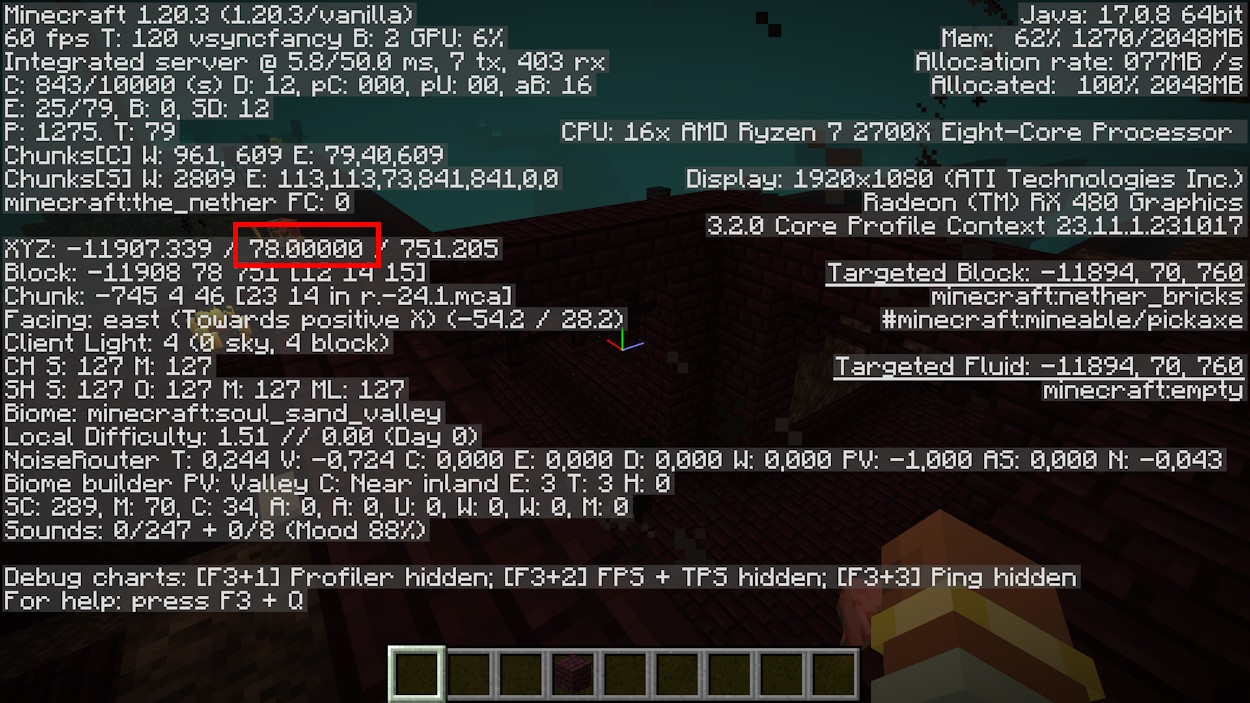 F3 debug screen open so the player can take the Y coordinate of the highest spot of the Nether fortress