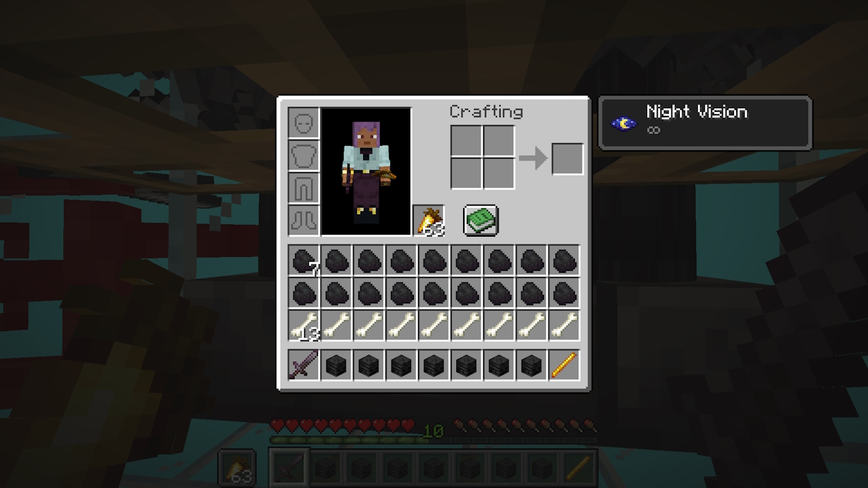 Player's inventory completely filled with wither skeleton farm drops that can be used as filters in Minecraft
