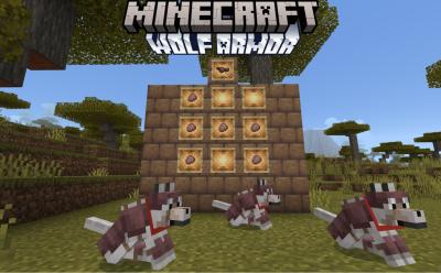 Item frames holding armadillo scutes and wolf armor and also three tamed wolves wearing wolf armor in Minecraft 1.21