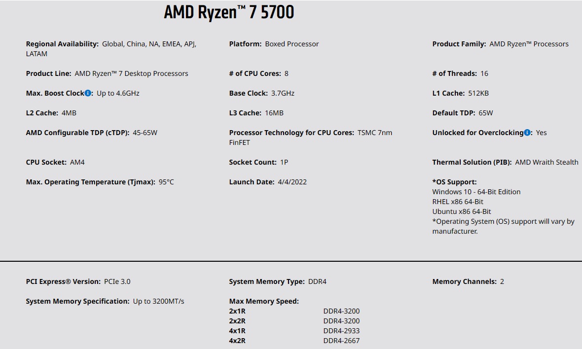 amd ryzen 7 5700 official specifications new am4 desktop cpu