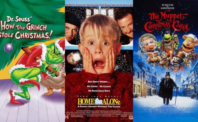 posters of Grinch, Home Aloneand Muppet Christmas Carol, some of the best christmas movies for kids