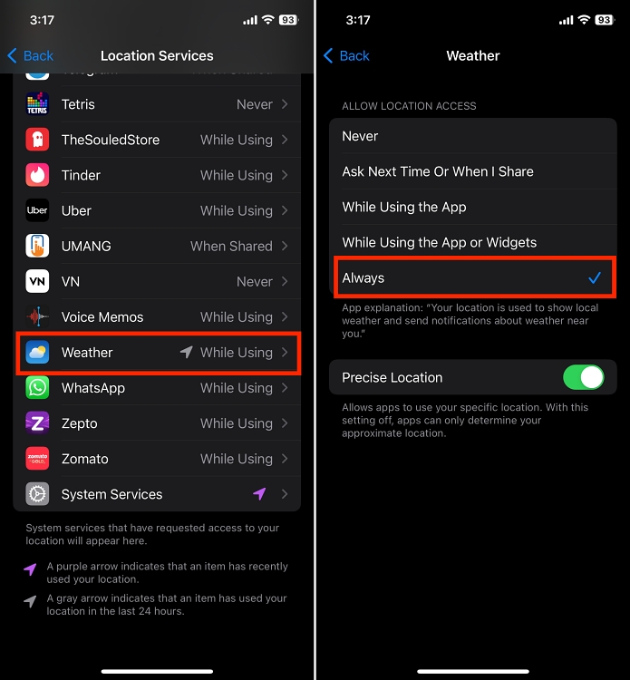 enable location services for weather app on iPhone
