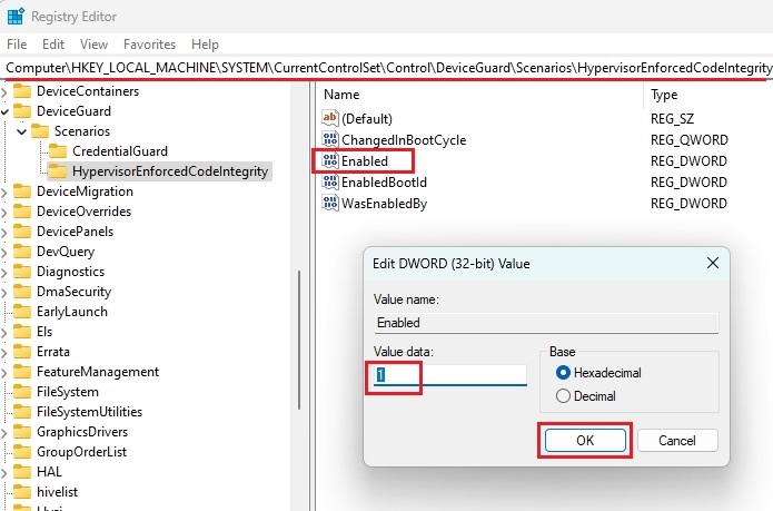 enable memory integrity feature through registry editor
