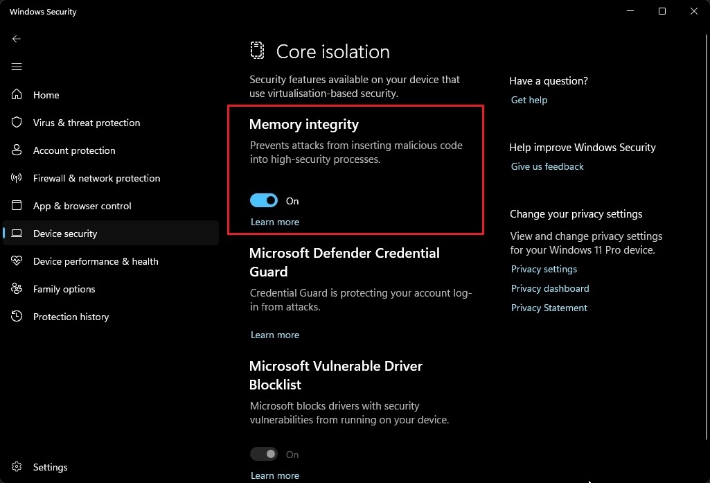 enable memory integrity in windows security