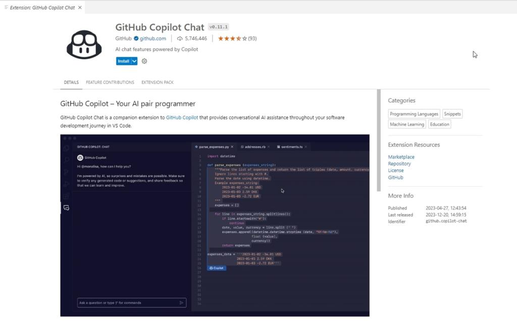 Extension de chat copilote github dans vs code